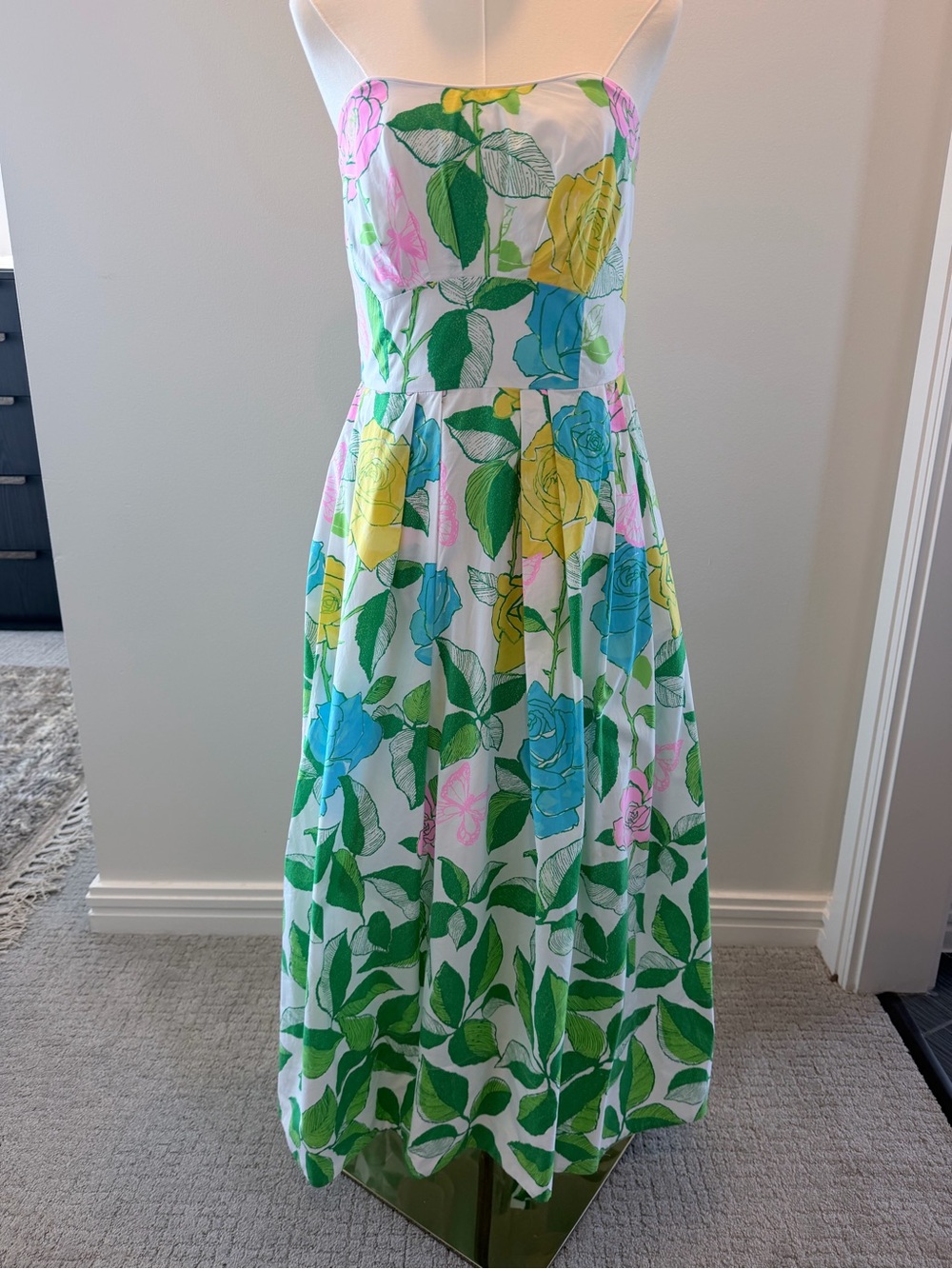 Lilly Pulitzer Kenni Floral Print Strapless Midi Dress Blue Green Pink - POCKETS